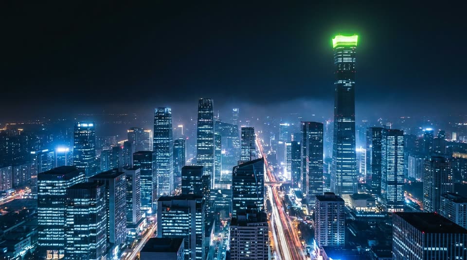 Night city skyline with illuminated office towers and traffic trails
